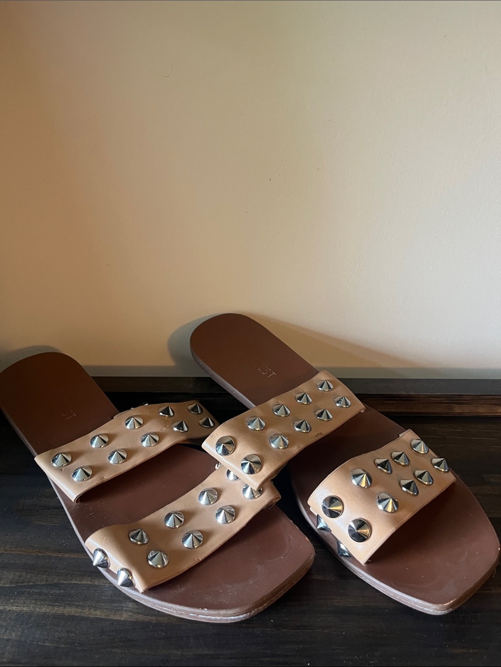Nine West Tan Studded Double-Strap Slide Sandals